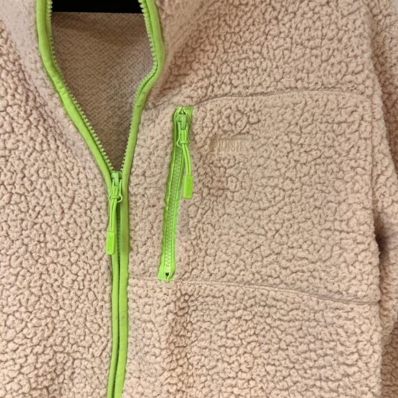 Victoria Secret PINK Cream and Neon Green Trim Sherpa Full Zip Jacket Size Small - Picture 8 of 9